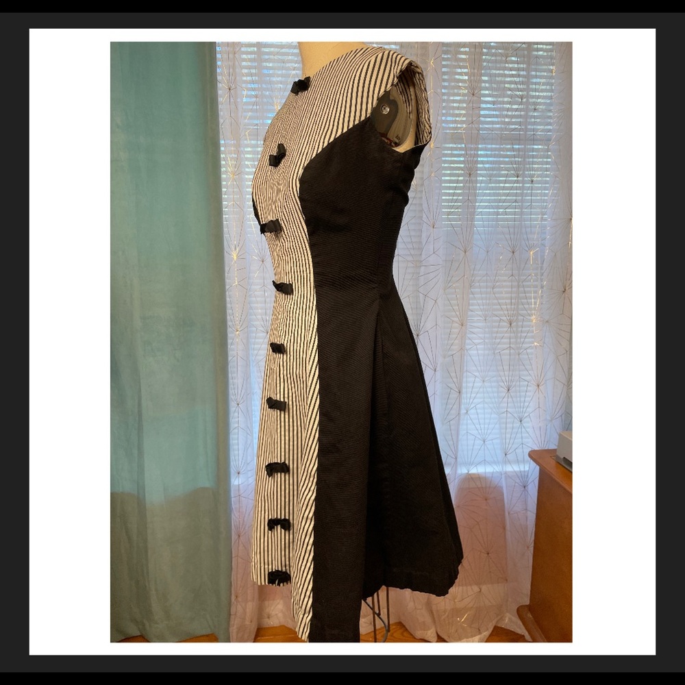 Vintage Small black white stripe bows dress VTG swing Vlv gothic beetle juice - Picture 11 of 13